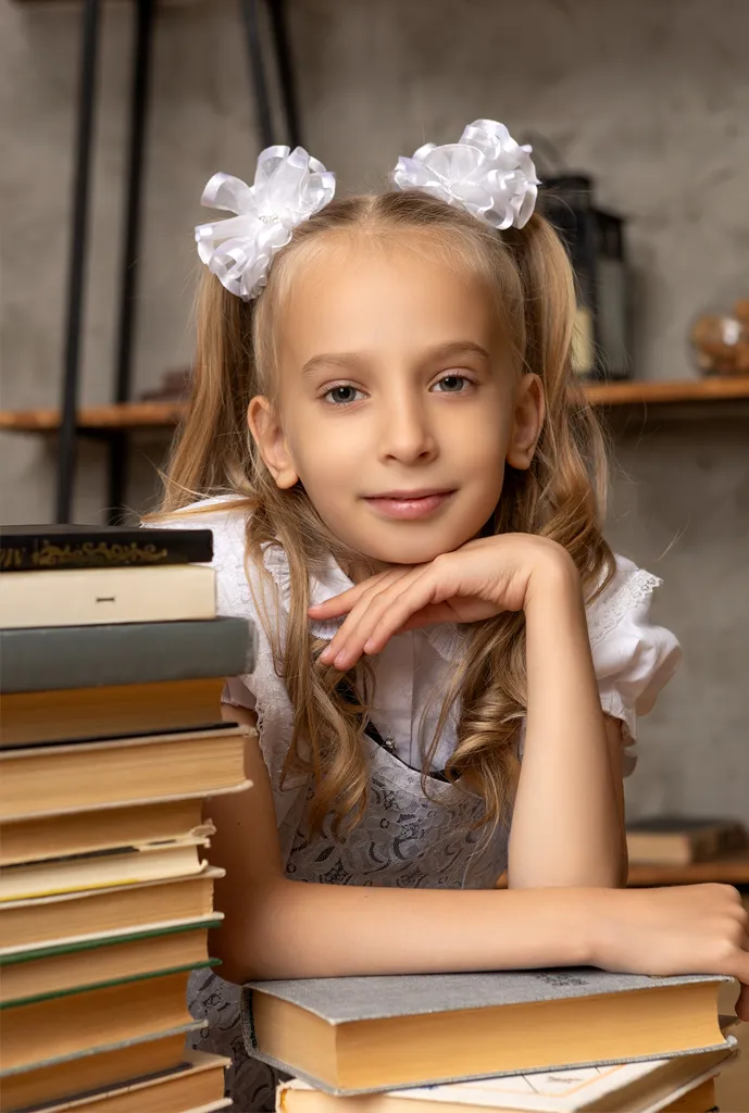 Девочка оперлась на стол с книгами